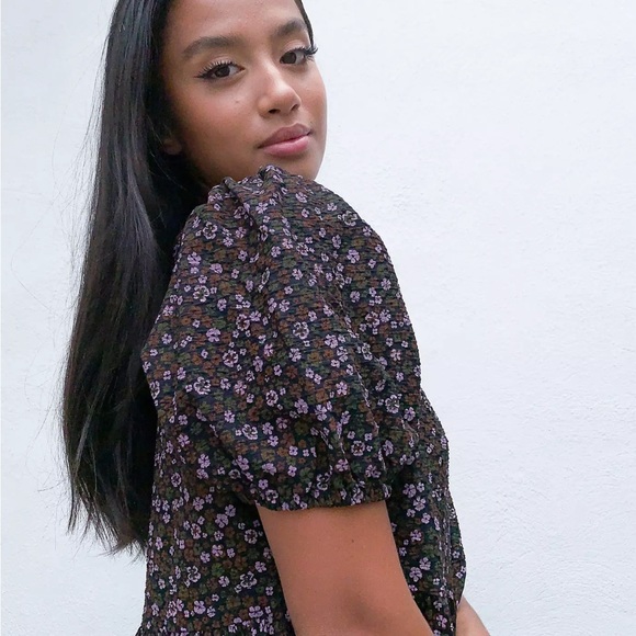 ASOS Design Floral Mini Tiered Smock Dress Black Purple Brown Green 4 Petite - Picture 4 of 7